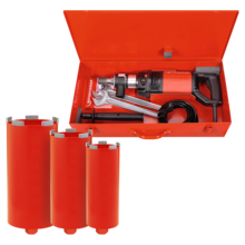 Rothenberger Rodiadrill 1800 Dry szabad kézi fúrórendszer 80-110-130 mm-es fúrókoronákkal, megvezető tüskével és távtartólemezekkel, szerszámokkal kofferben